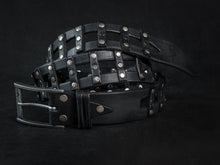 Stylish Handcrafted Rivet Studded Black Leather Mens Belt - Unique Artisan Design for Mens Fashion