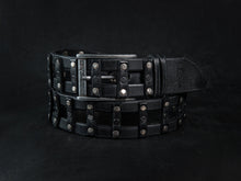 Stylish Handcrafted Rivet Studded Black Leather Mens Belt - Unique Artisan Design for Mens Fashion