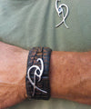 Handmade Crocodile-Textured Brown Leather Bracelet with Silver Ishaor Logo Closure