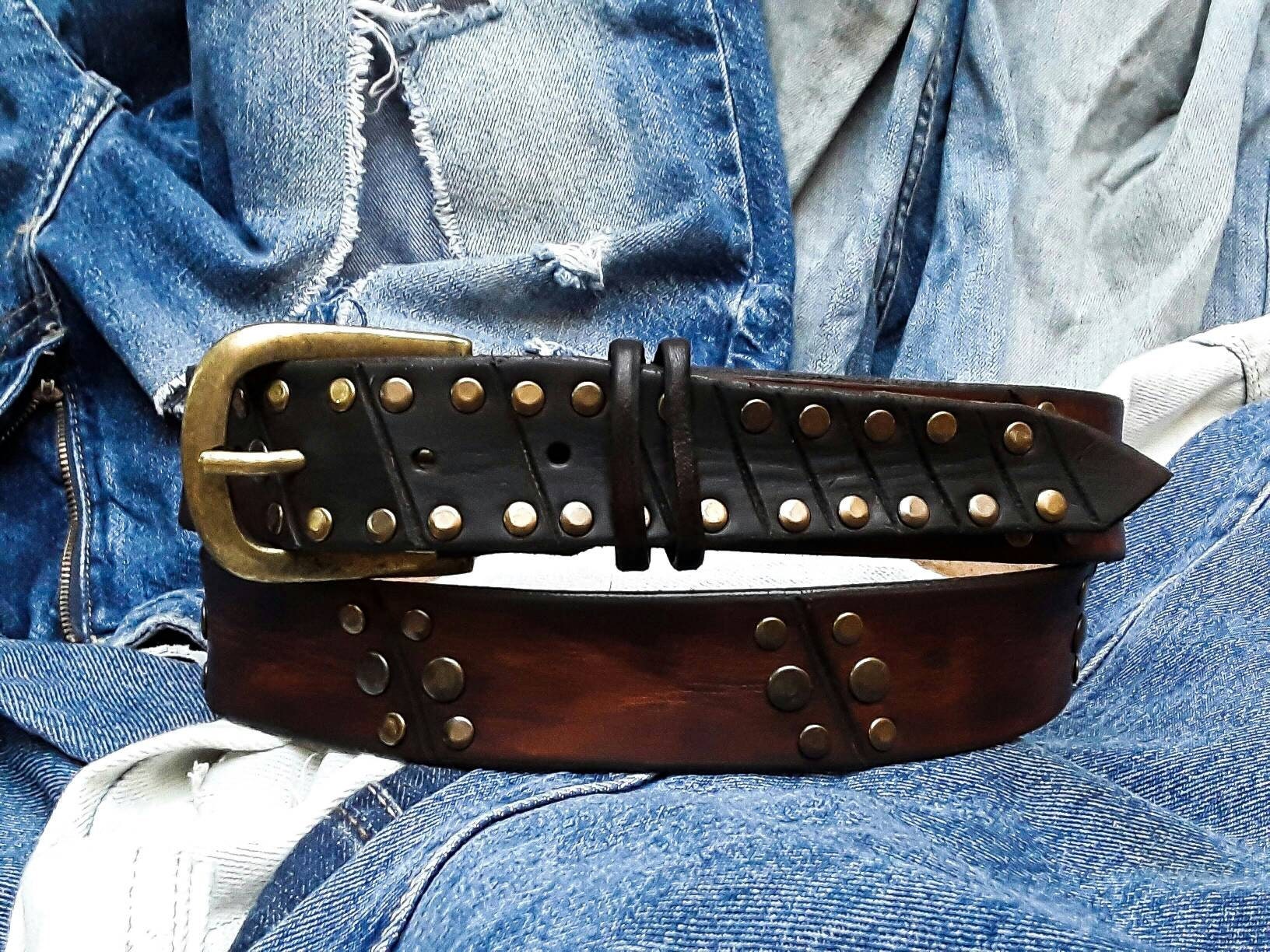 Custom Artisan Leather Belt with Bronze Rivets for Men