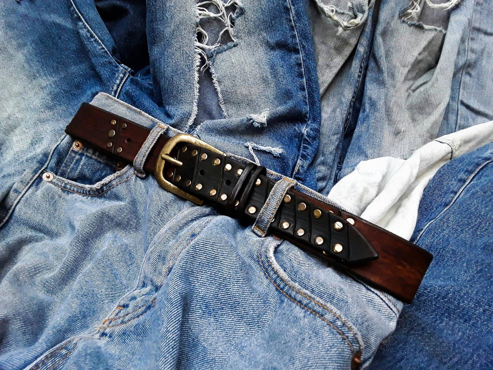 Custom Artisan Leather Belt with Bronze Rivets for Men