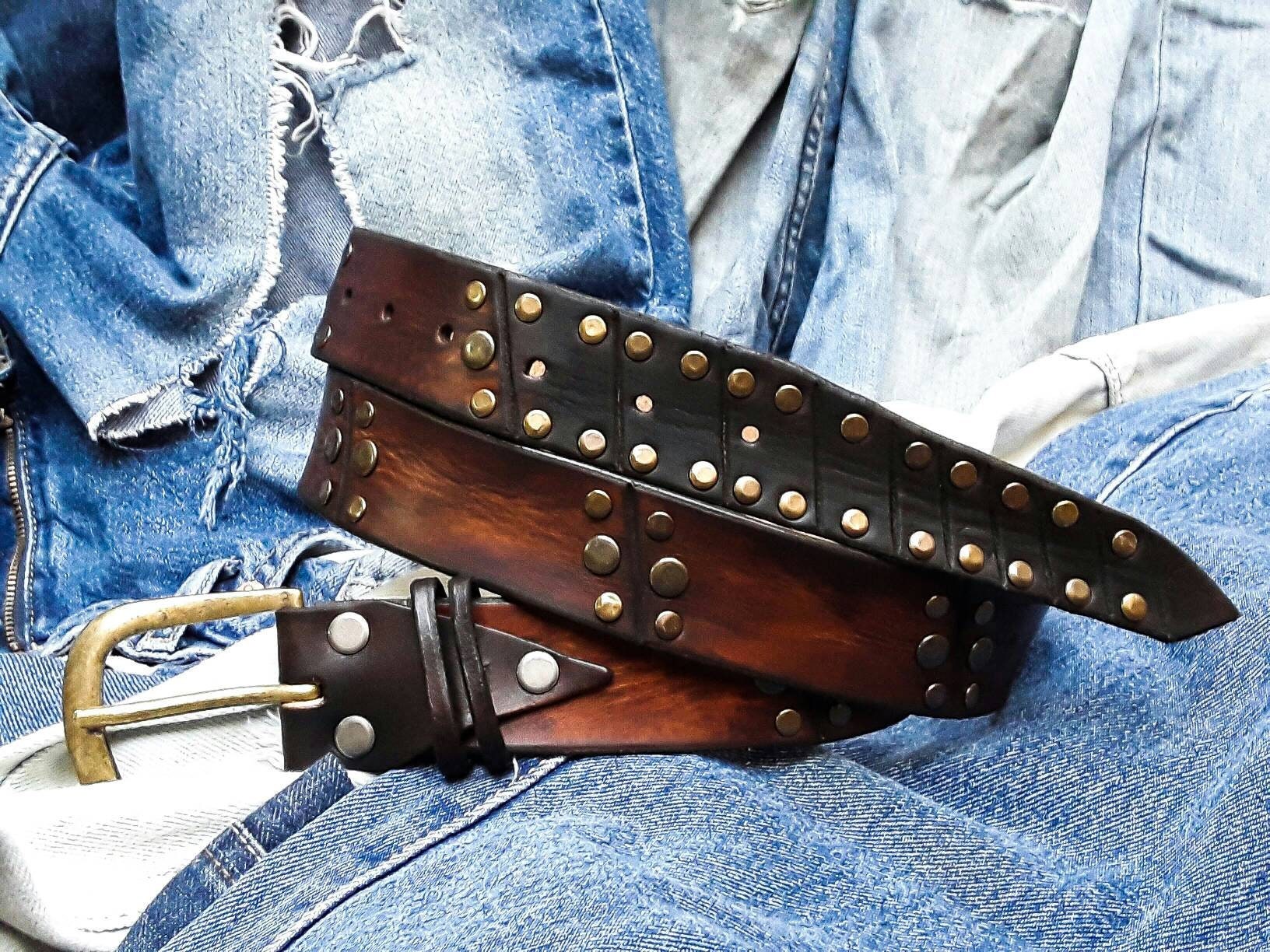 Custom Artisan Leather Belt with Bronze Rivets for Men