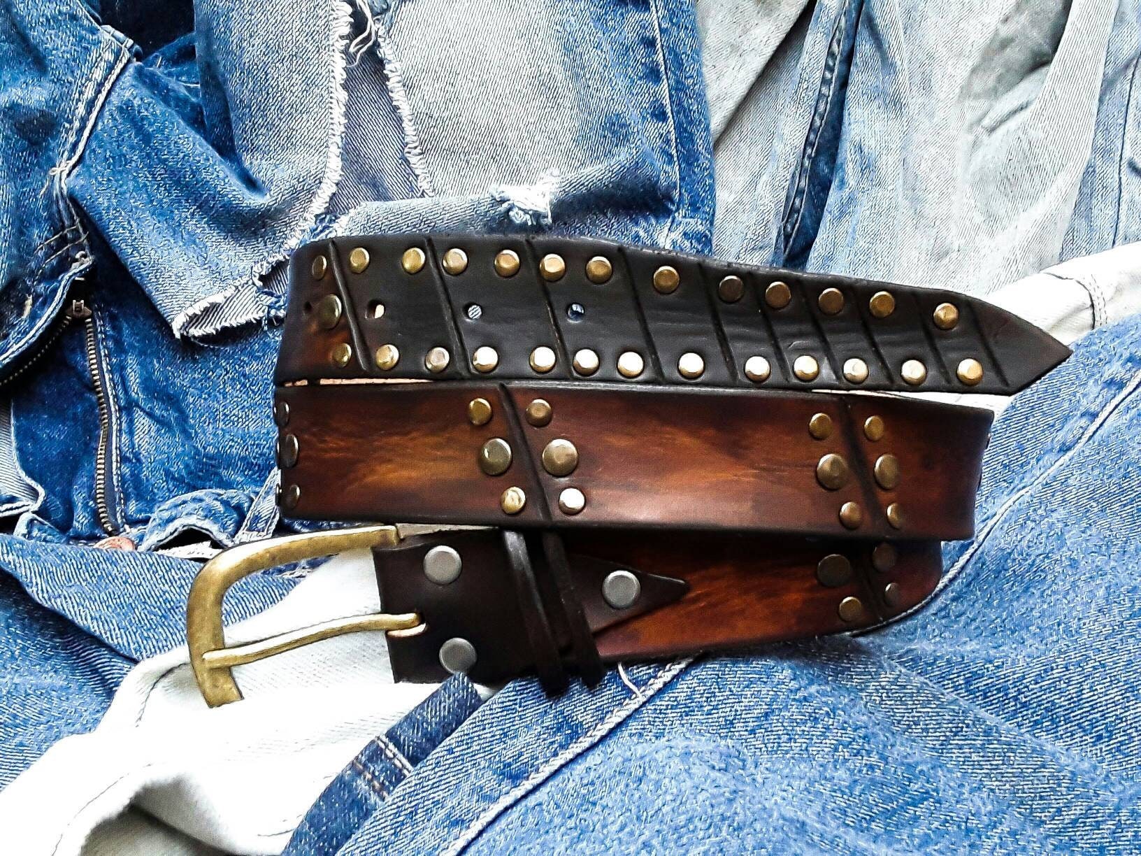 Custom Artisan Leather Belt with Bronze Rivets for Men