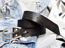 Personalized Black Leather Belt with Silver Horse Shoe Buckle - Mens Wide Belt Customizable and Stylish