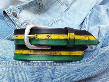 Custom Leather Belt - Black Green Yellow Square Buckle - Men's Women's Unisex Rastafarian Style - Handcrafted Full Grain Leather -