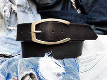 Personalized Black Leather Belt with Silver Horse Shoe Buckle - Mens Wide Belt Customizable and Stylish