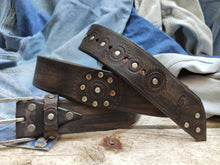 Handmade Leather Belt - Steampunk Style with Gears - 4.2 cm Wide - Brown with Silver Rivets, Silver & Brass Accents - Perfect for Bikers