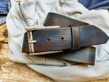 Blue  Brown Handmade Leather Belt - Rustic Unique 42cm Width - Perfect for Jeans