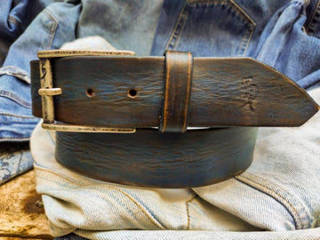 Handmade Leather Belt 4.2cm - Blue with Brown Vintage Wash | Rustic & Unique | Perfect for Jeans