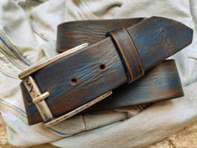 Blue  Brown Handmade Leather Belt - Rustic Unique 42cm Width - Perfect for Jeans