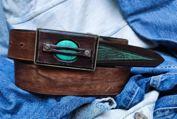 Mens Leather Belt - Quality Brown Belt with Turquoise Stone Buckle for Fathers Day and Special Occasions