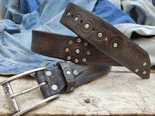 Handmade Motorcycle Gear Stamped Leather Belt with Rivets - Unique Design by Ishaor