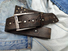 Handmade Leather Belt - Steampunk Style with Gears - 4.2 cm Wide - Brown with Silver Rivets, Silver & Brass Accents - Perfect for Bikers