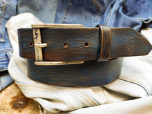 Handmade Leather Belt 4.2cm - Blue with Brown Vintage Wash | Rustic & Unique | Perfect for Jeans