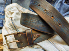 Blue  Brown Handmade Leather Belt - Rustic Unique 42cm Width - Perfect for Jeans