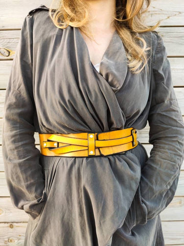 Handcrafted Yellow Leather Waist Belt - Unique Gift for Her - Women's Leather Dress Belt