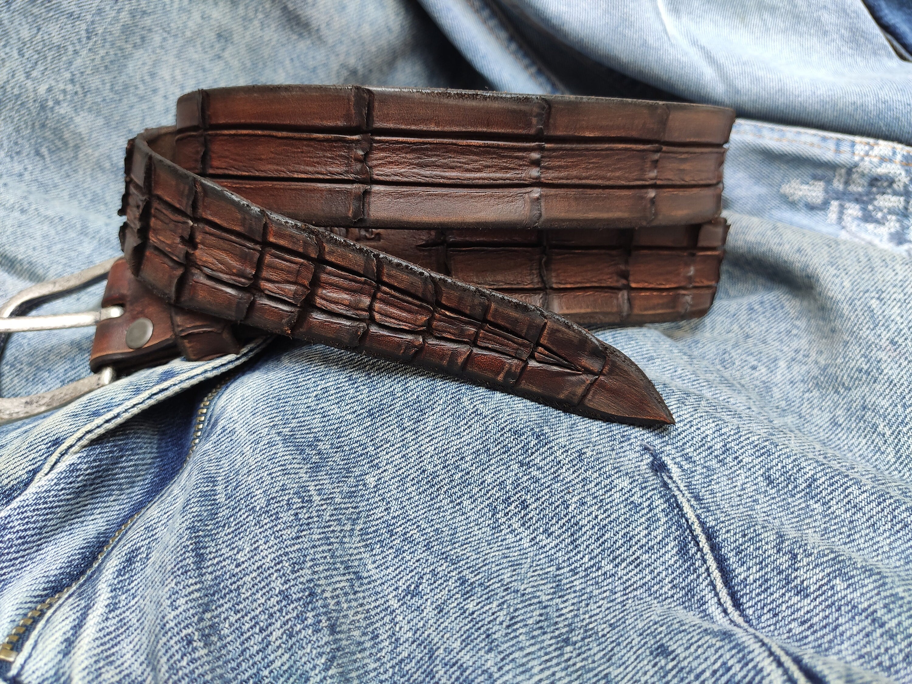 Handmade Brown Leather Crocodile Belt - Textured Design