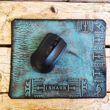 Turquoise Personalized Leather Mousepad with a brown wash and Custom Design of stamping Computer parts made by hand perfect Christmas Gift