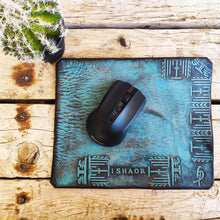 Turquoise Personalized Leather Mousepad with a brown wash and Custom Design of stamping Computer parts made by hand perfect Christmas Gift