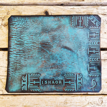 Turquoise Personalized Leather Mousepad with a brown wash and Custom Design of stamping Computer parts made by hand perfect Christmas Gift