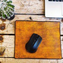 Yellow Leather Mousepad with a brown wash, the perfect gift for him and for her to Design the Office you can Personalied the Gift with Name