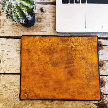 Yellow Leather Mousepad with a brown wash, the perfect gift for him and for her to Design the Office you can Personalied the Gift with Name