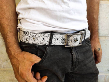 Ishaor Biker Style White Leather Belt with Black wash and Motorcycle Buckle - Customizable and Unique Mens Fashion Accessory