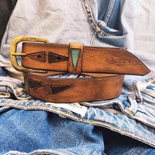 Genuine Brown Leather Belt with Turquoise and Dark Brown Triangle Cutouts - Perfect Western Style Gift