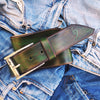 Handmade Green Leather Belt with Stunning Brown Wash Perfect for Stylish Jeans Lovers