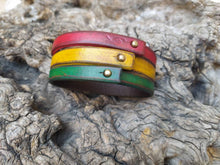 Rasta Leather Cuff Bracelet - Red Yellow Green - Handcrafted by Ishaor