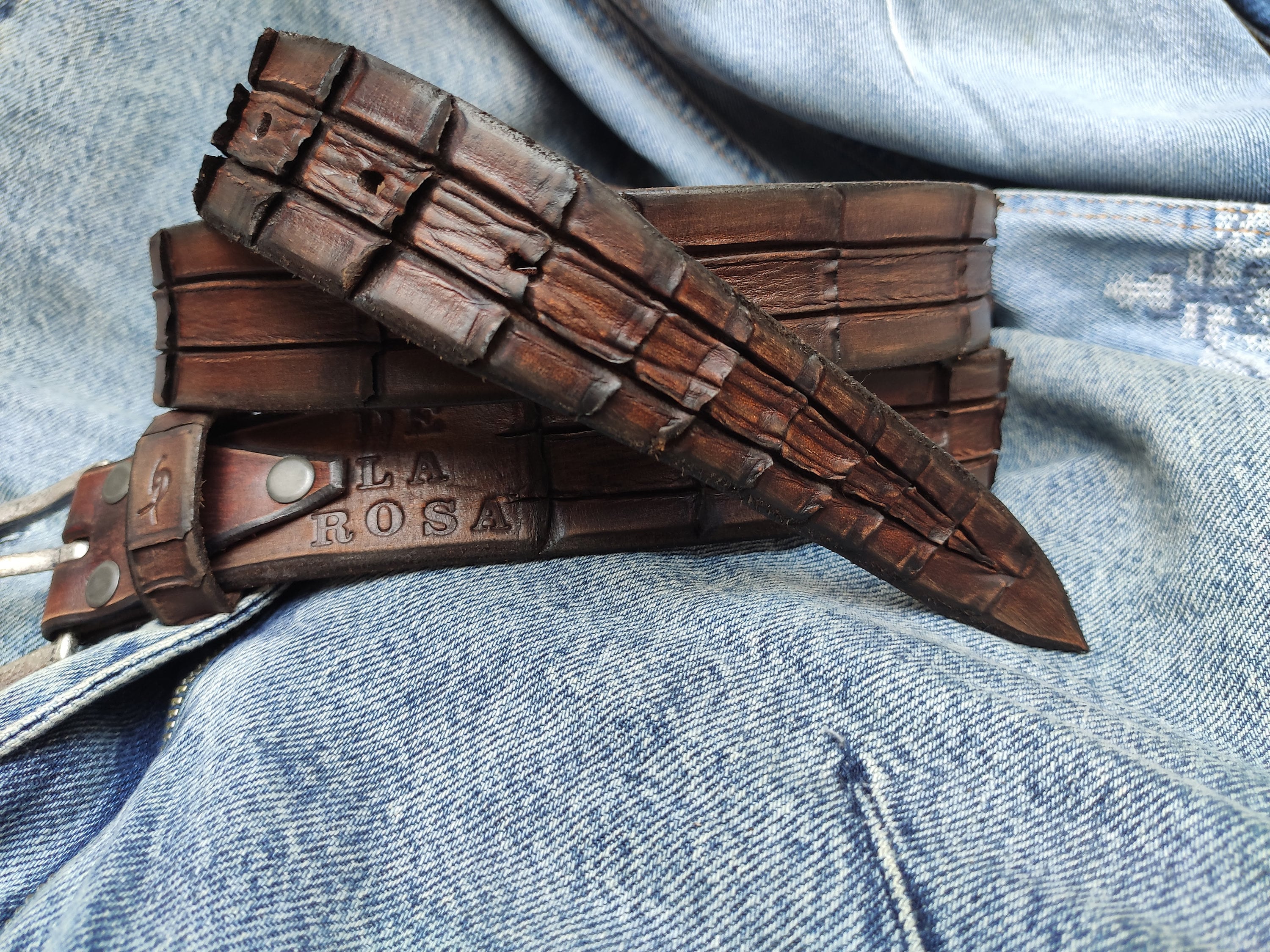 Handmade Brown Leather Crocodile Belt - Textured Design