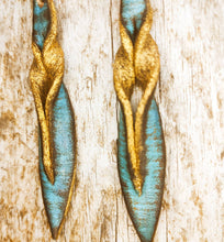 Handmade turquoise leather earing with brown wash and gold, you can wear it in both sides, you get two beautiful earings in one.