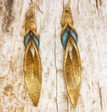 Handmade turquoise leather earing with brown wash and gold, you can wear it in both sides, you get two beautiful earings in one.