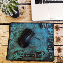 Turquoise Personalized Leather Mousepad with a brown wash and Custom Design of stamping Computer parts made by hand perfect Christmas Gift