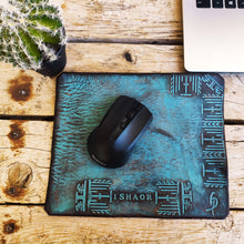 Turquoise Personalized Leather Mousepad with a brown wash and Custom Design of stamping Computer parts made by hand perfect Christmas Gift