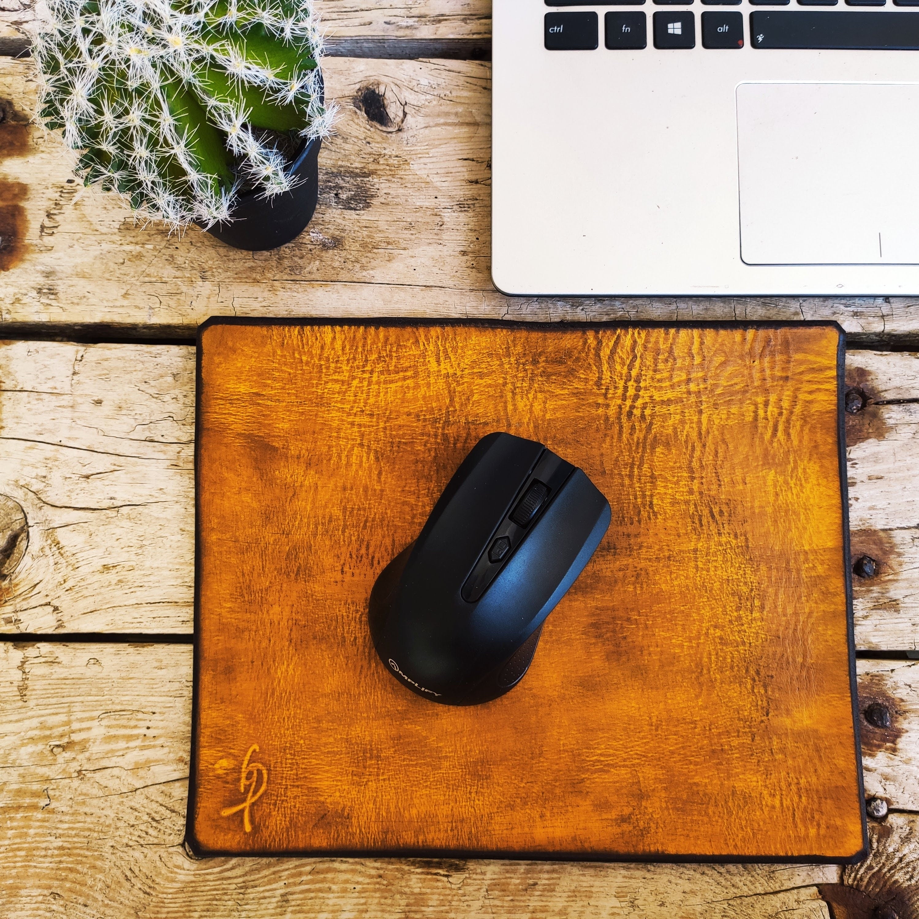 Yellow Leather Mousepad with a Brown Wash - Personalized Office Design Gift for Him and Her