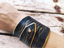 Black Leather Wrap Bracelet with Gold Geometry - Personalized Option Statement