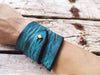 Personalized Turquoise Leather Wrap Bracelet with Brown Wash Design - Geometric Shape - Perfect Christmas Gift