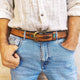 Genuine Brown Leather Belt with Turquoise and Dark Brown Triangle Cutouts - Perfect Western Style Gift