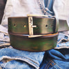 Handmade Green Leather Belt with Stunning Brown Wash Perfect for Stylish Jeans Lovers