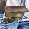 Handmade Green Leather Belt with Stunning Brown Wash Perfect for Stylish Jeans Lovers