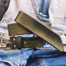 Green Leather Belt with Brown Wash - Handmade Unique and Stylish for Jeans