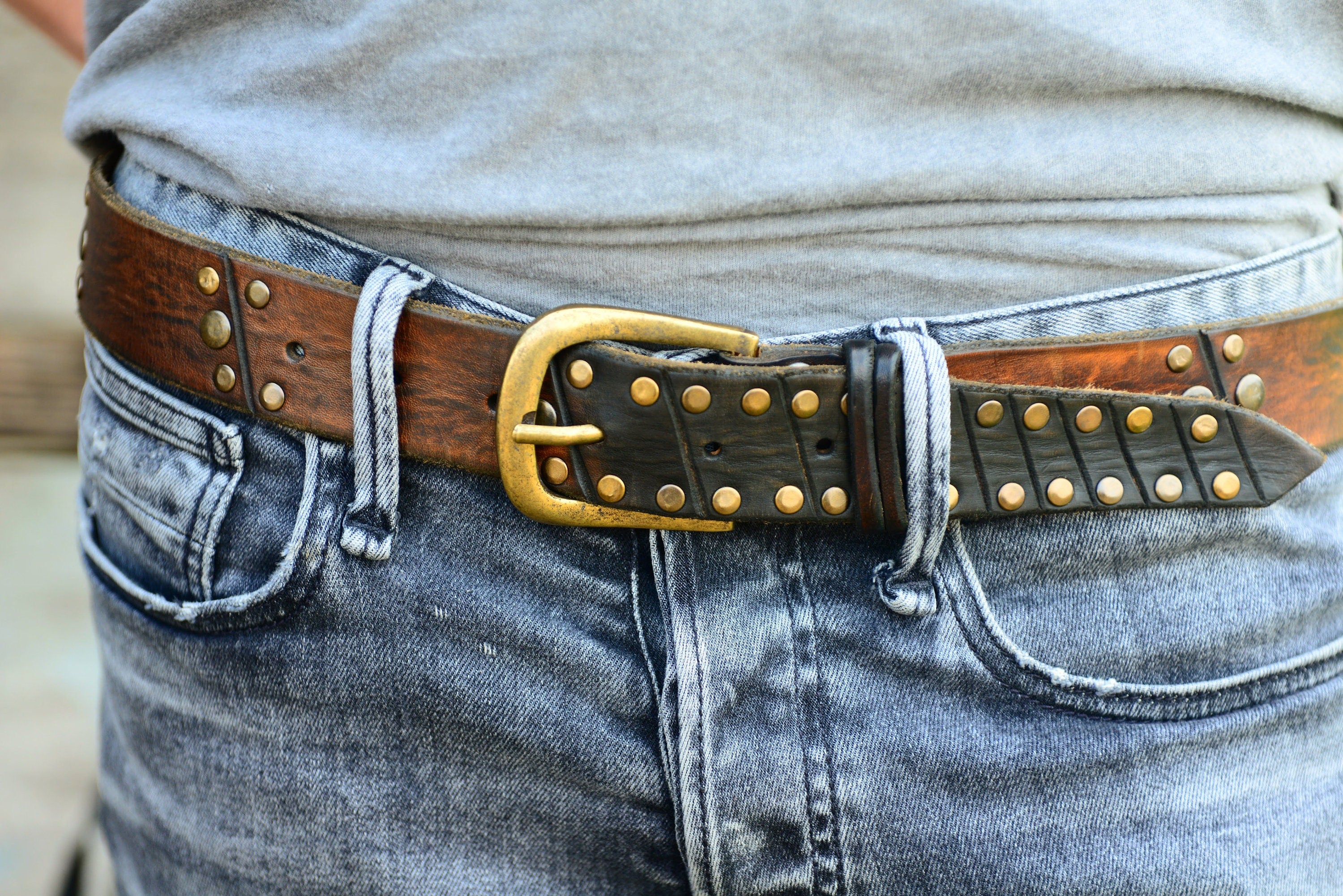 Custom Artisan Leather Belt with Bronze Rivets for Men