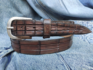 Handmade Brown Leather Crocodile Belt - Textured Design