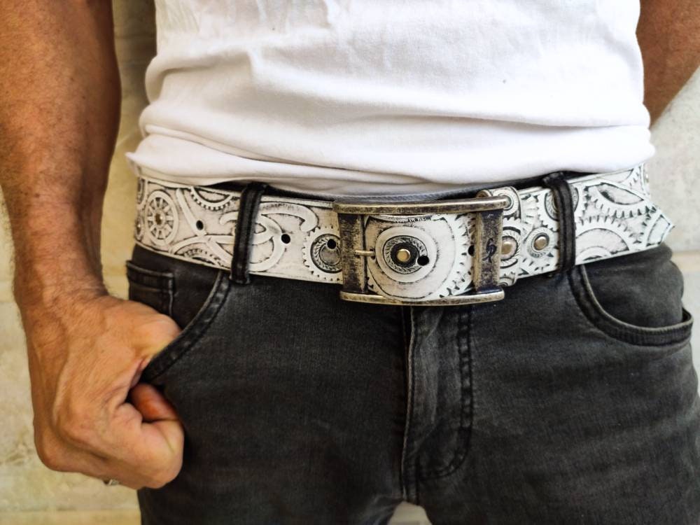 Unique Biker Style White Leather Belt for Men with Buckle and Motorc ISHAOR