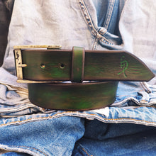 Green Leather Belt with Brown Wash - Handmade Unique and Stylish for Jeans