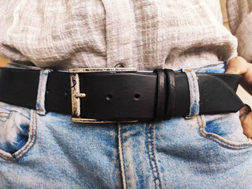 Black Leather Mens Belt with Silver Buckle and Personalization Option - Genuine Leather - Perfect Christmas Gift - by Ishaor