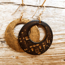 Handmade Brown Leather Earrings with Computer Parts and Gold Design - Reversible - Round Shape