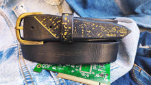 A black hammered leather belt with touch of gold embossed with computer card unique design by ishaor the perfect christmas gift with name on