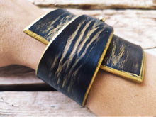 Black Leather Wrap Bracelet with Gold Geometry - Personalized Option Statement